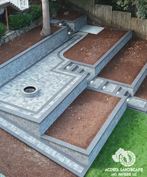 Landscape Design, Tiered Paver Patio & Turf in Shoreline 